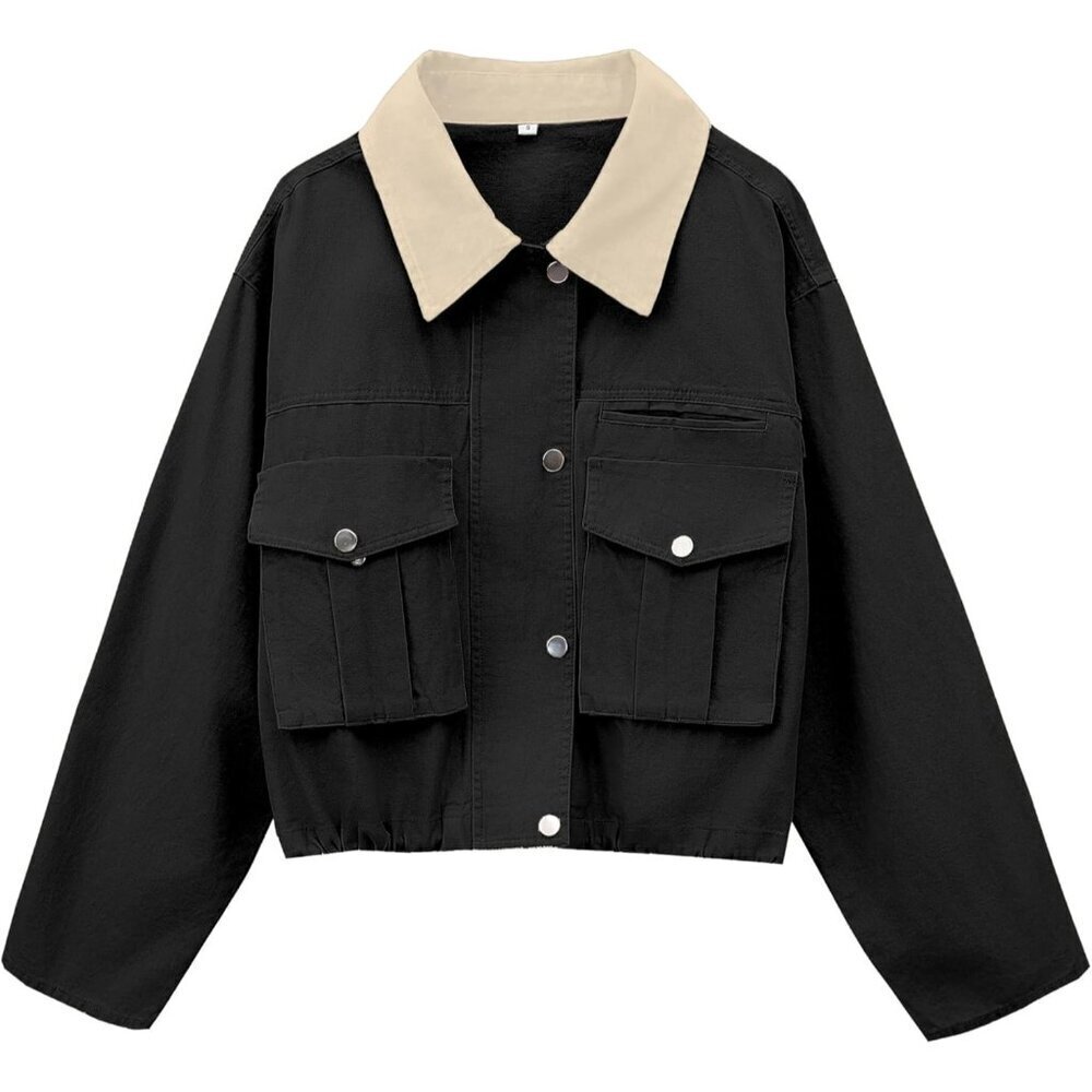 Women Black Cropped Utility Cargo Coat Contrast Collar Barn Outwear